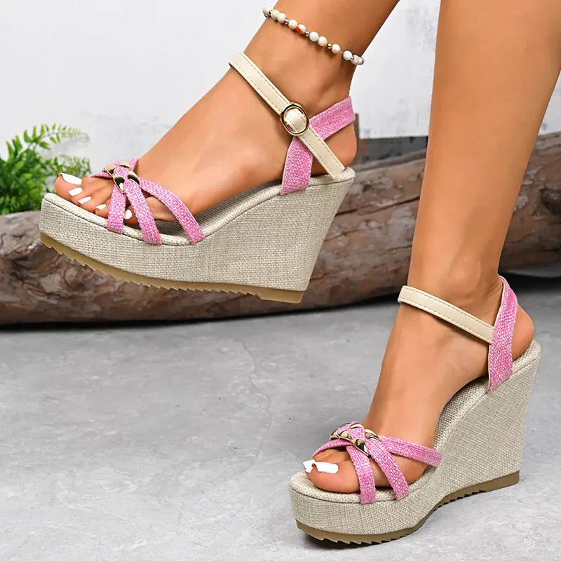 KissICON Women's Cross Band Metal Wedges Sandals Thick Sole