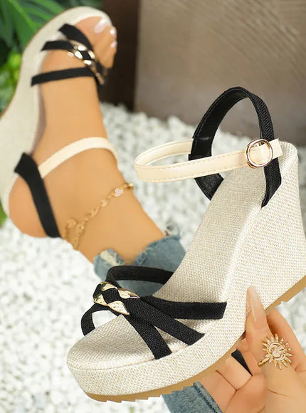 KissICON Women's Cross Band Metal Wedges Sandals Thick Sole