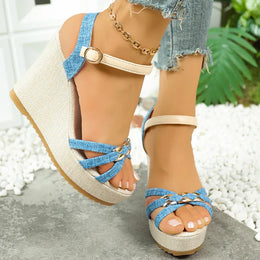 KissICON Women's Cross Band Metal Wedges Sandals Thick Sole