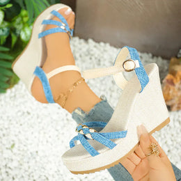 KissICON Women's Cross Band Metal Wedges Sandals Thick Sole