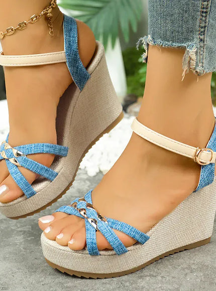 KissICON Women's Cross Band Metal Wedges Sandals Thick Sole