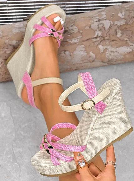 KissICON Women's Cross Band Metal Wedges Sandals Thick Sole