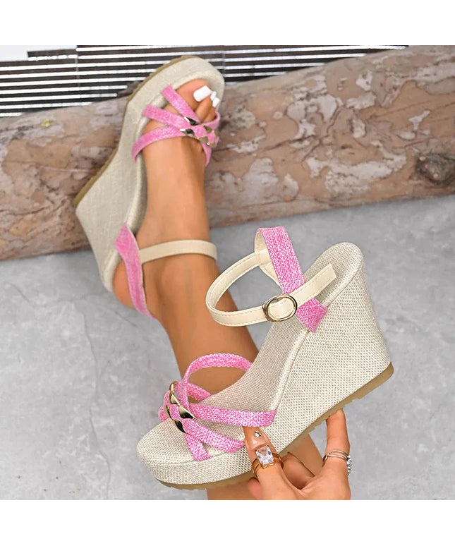KissICON Women's Cross Band Metal Wedges Sandals Thick Sole