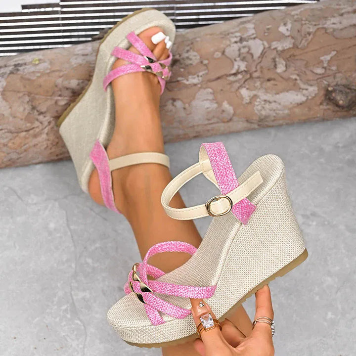 Women's Cross Band Metal Wedges Sandals Thick Sole