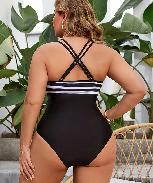 KissICON Women's Curve One-piece Swimsuit – Black White Horizontal