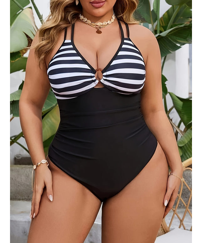 KissICON Women's Curve One-piece Swimsuit – Black White Horizontal
