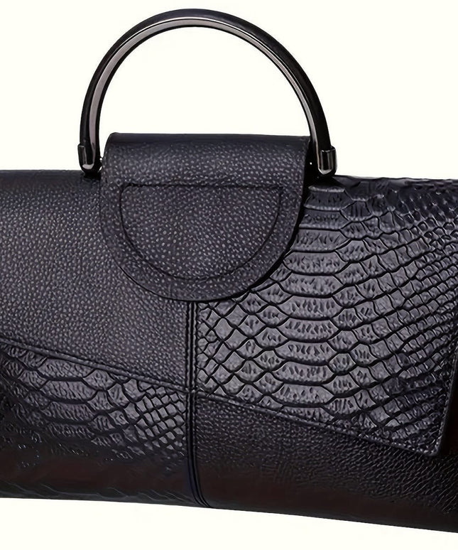 jkthpu-45 Women's Elegant All-Over Crocodile-Texture Handbag with Magnetic Closure & Detachable Crossbody Strap - Golden-Tone Hardware, Golden-Tone Hardware, Lining - Versatile Work, Shopping, Formal & Everyday Purse - Luxury Faux Crocodile Handbag in Sleek Black w