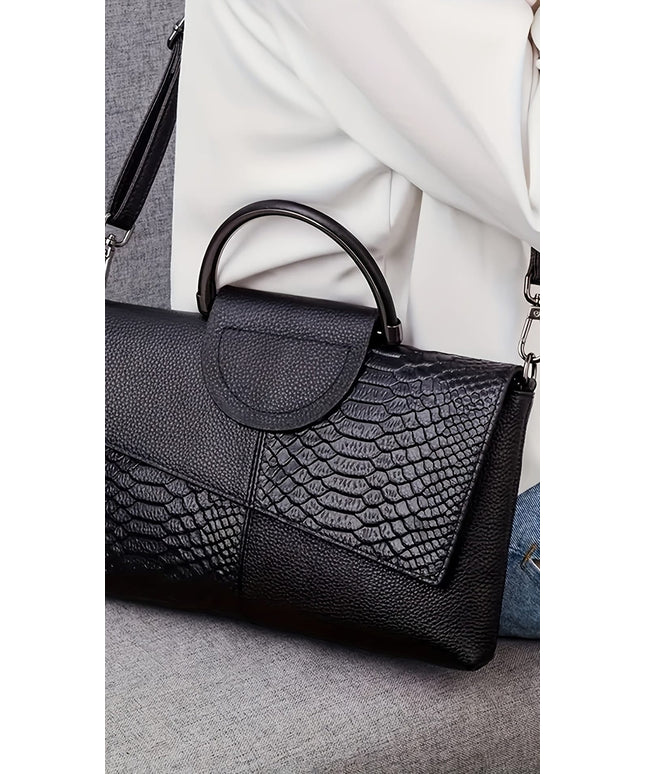 jkthpu-45 Women's Elegant All-Over Crocodile-Texture Handbag with Magnetic Closure & Detachable Crossbody Strap - Golden-Tone Hardware, Golden-Tone Hardware, Lining - Versatile Work, Shopping, Formal & Everyday Purse - Luxury Faux Crocodile Handbag in Sleek Black w