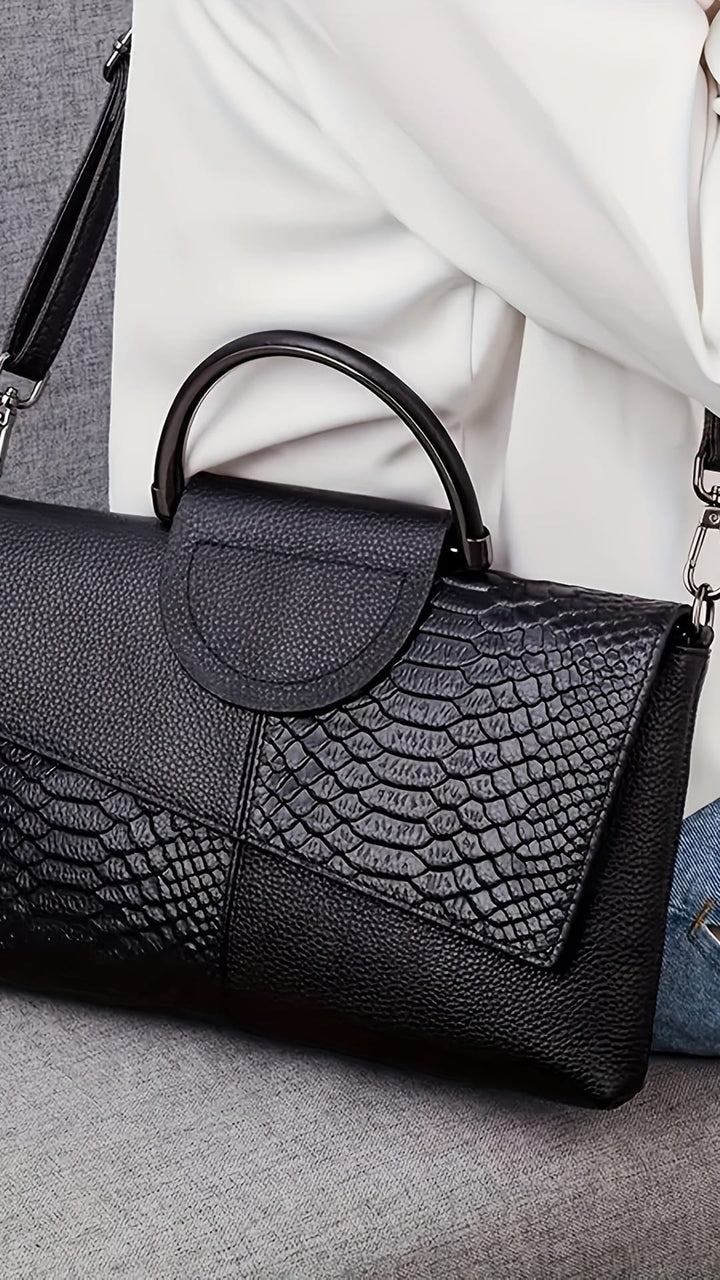 Women's Elegant All-Over Crocodile-Texture Handbag with Magnetic Closure & Detachable Crossbody Strap - Golden-Tone Hardware, Golden-Tone Hardware, Lining - Versatile Work, Shopping, Formal & Everyday Purse - Luxury Faux Crocodile Handbag in Sleek Black w