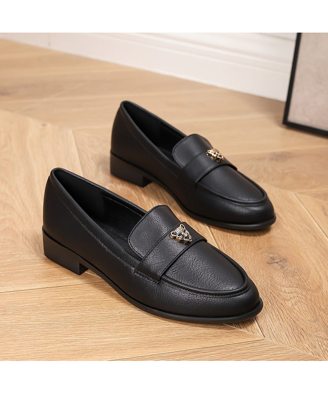 jkthpu-45 Women'S Elegant Black Flats with Tiger Head Metal Buckle, Round Toe Penny Loafers, All-Season TPR Sole, Stylish Casual Slip-On Shoes