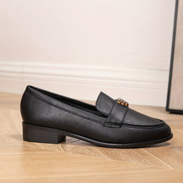 jkthpu-45 Women'S Elegant Black Flats with Tiger Head Metal Buckle, Round Toe Penny Loafers, All-Season TPR Sole, Stylish Casual Slip-On Shoes