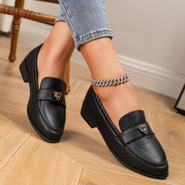 jkthpu-45 Women'S Elegant Black Flats with Tiger Head Metal Buckle, Round Toe Penny Loafers, All-Season TPR Sole, Stylish Casual Slip-On Shoes