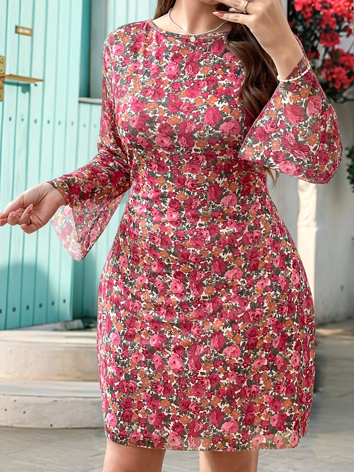 jkthpu-45 Women's Elegant Ditsy Floral Print Bodycon Mini Dress - Long Sleeve Round Neck Stretchy Machine-Washable Bohemian Beach Dress for Romantic Dates, Holidays & Casual Outings, Date Night Attire, Comfortable Fit