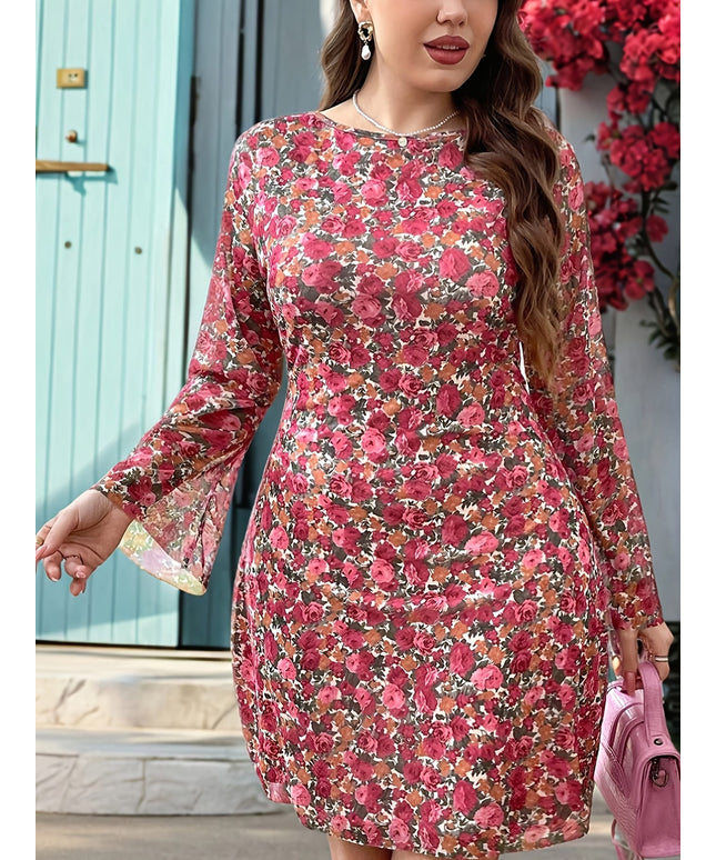 jkthpu-45 Women's Elegant Ditsy Floral Print Bodycon Mini Dress - Long Sleeve Round Neck Stretchy Machine-Washable Bohemian Beach Dress for Romantic Dates, Holidays & Casual Outings, Date Night Attire, Comfortable Fit