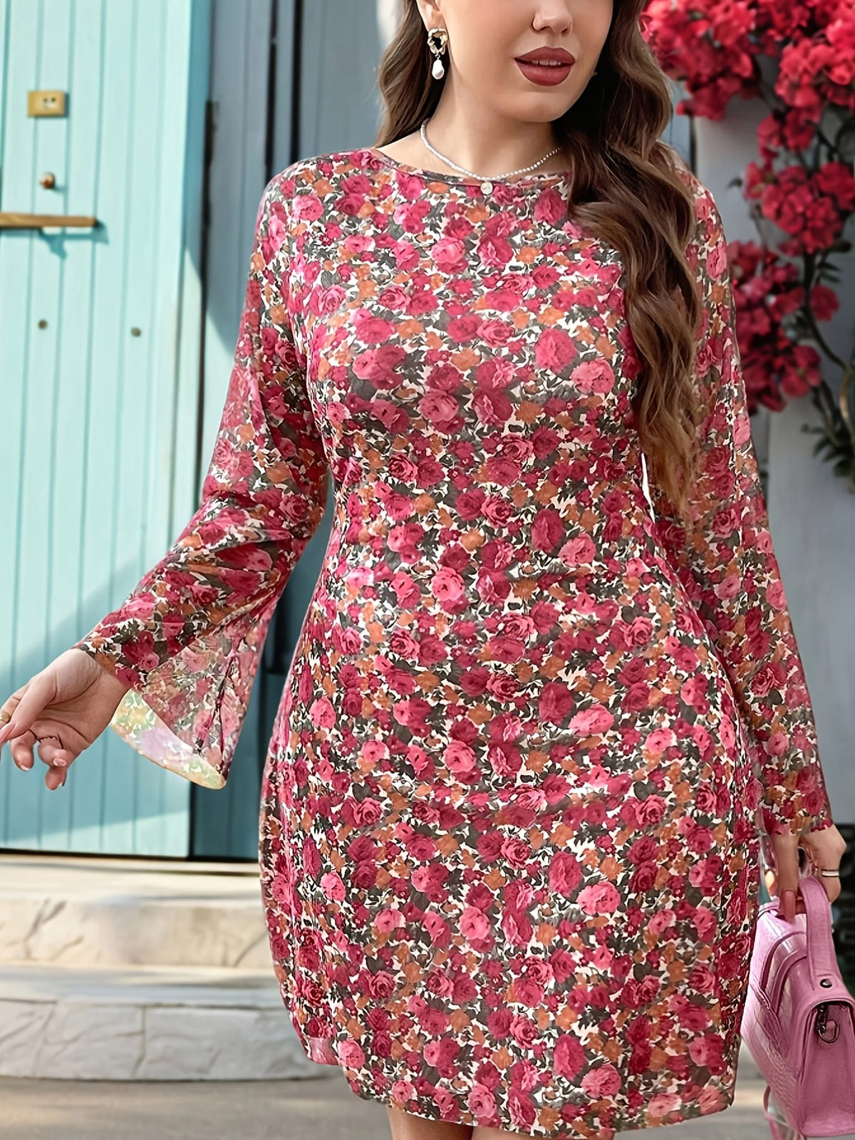 jkthpu-45 Women's Elegant Ditsy Floral Print Bodycon Mini Dress - Long Sleeve Round Neck Stretchy Machine-Washable Bohemian Beach Dress for Romantic Dates, Holidays & Casual Outings, Date Night Attire, Comfortable Fit