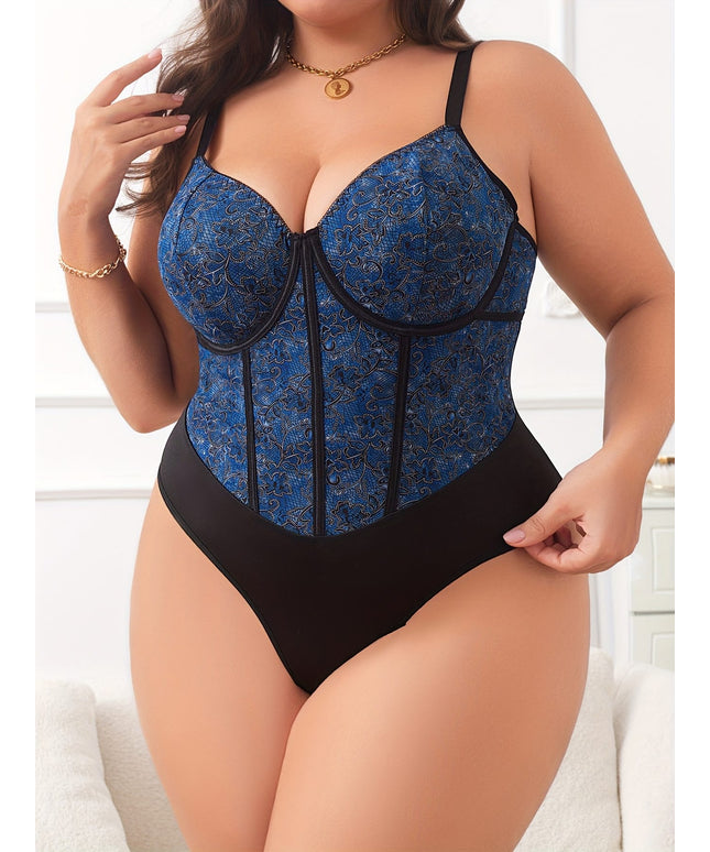 jkthpu-45 Women'S Elegant Floral Print Plus Size Corset Bodysuit
