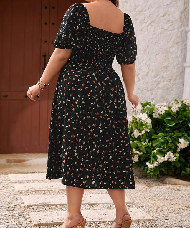 jkthpu-45 Women'S Elegant Floral Print Square Neck Midi Dress with Lace-Up Detail - Black, Short Sleeve, Polyester, Perfect for Spring/Summer/Fall, Casual Attire|Floral Print Dress|Polyester Fabri