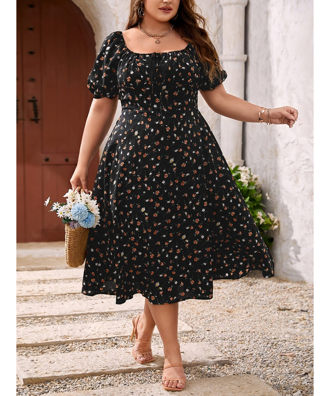jkthpu-45 Women'S Elegant Floral Print Square Neck Midi Dress with Lace-Up Detail - Black, Short Sleeve, Polyester, Perfect for Spring/Summer/Fall, Casual Attire|Floral Print Dress|Polyester Fabri