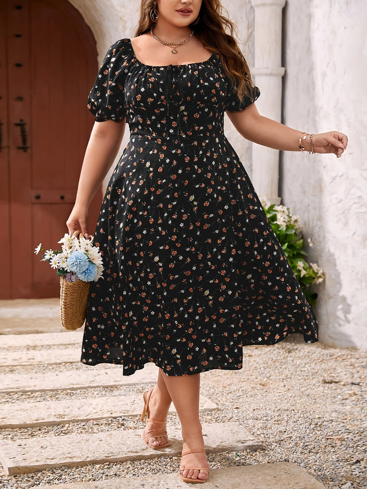 Women'S Elegant Floral Print Square Neck Midi Dress with Lace-Up Detail - Black, Short Sleeve, Polyester, Perfect for Spring/Summer/Fall, Casual Attire|Floral Print Dress|Polyester Fabri
