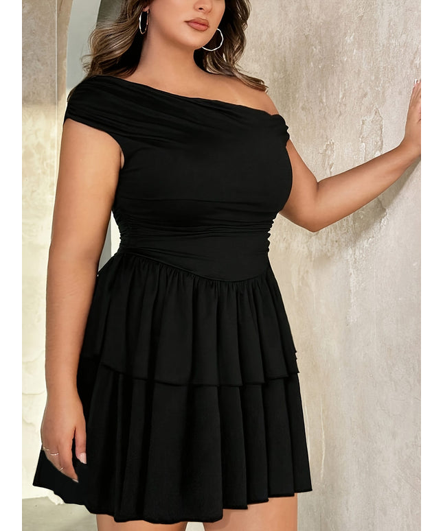 jkthpu-45 Women's Elegant Off-Shoulder Slim Fit Plus Size Dress - Solid Color Black, Machine Washable, Versatile for Commuting, Office & Beach Vacations, All-Season Wear, Vacation Attire, Evening Outwear