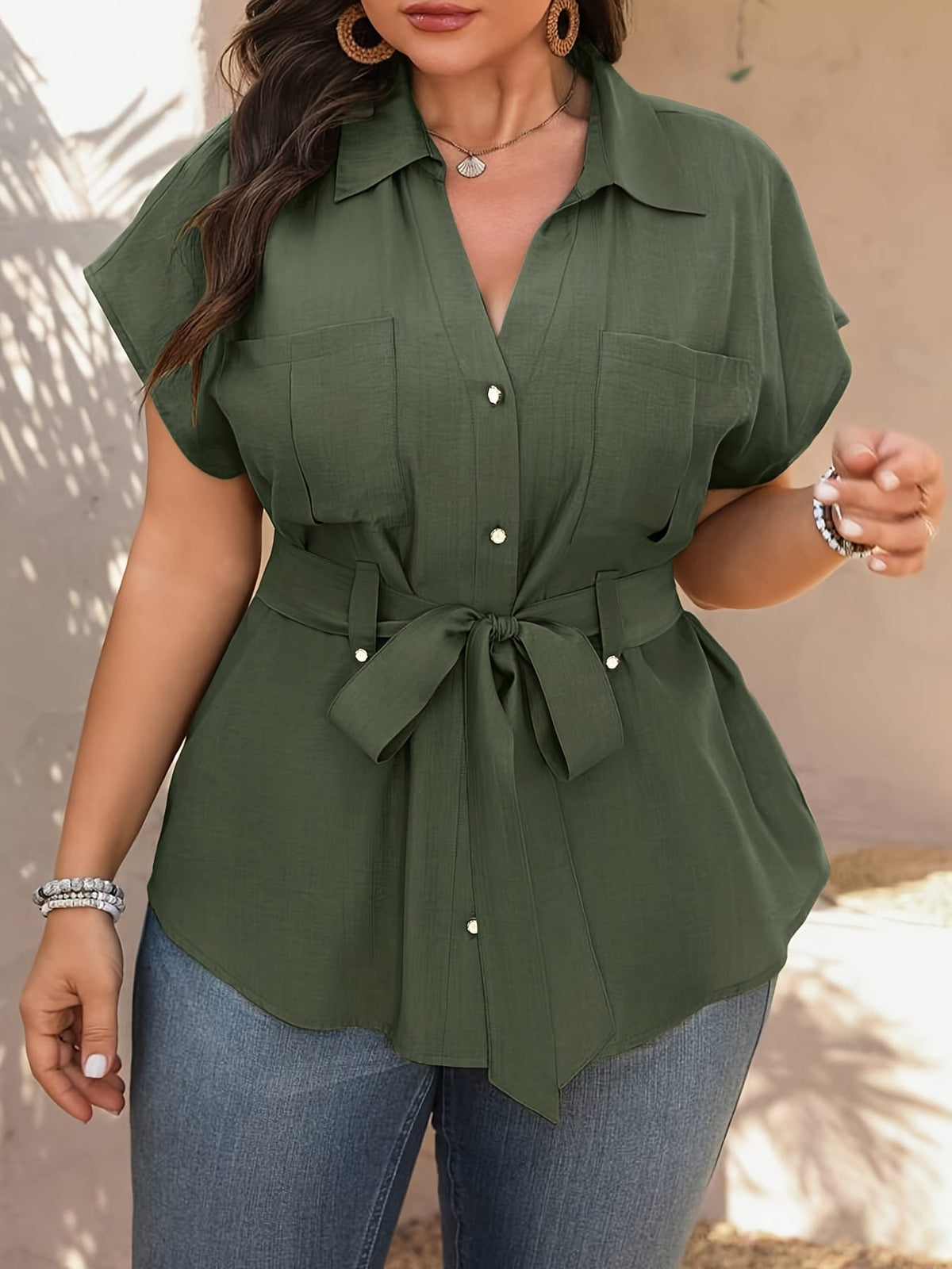 KissICON Women'S Elegant Olive Green Short Sleeve Shirt with Pockets - Casual Button-Up Blouse with Bow Detail, Perfect for All Seasons, Casual Attire|Elegant Lapel Shirt|Nonstretch Fabric