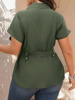 KissICON Women'S Elegant Olive Green Short Sleeve Shirt with Pockets - Casual Button-Up Blouse with Bow Detail, Perfect for All Seasons, Casual Attire|Elegant Lapel Shirt|Nonstretch Fabric