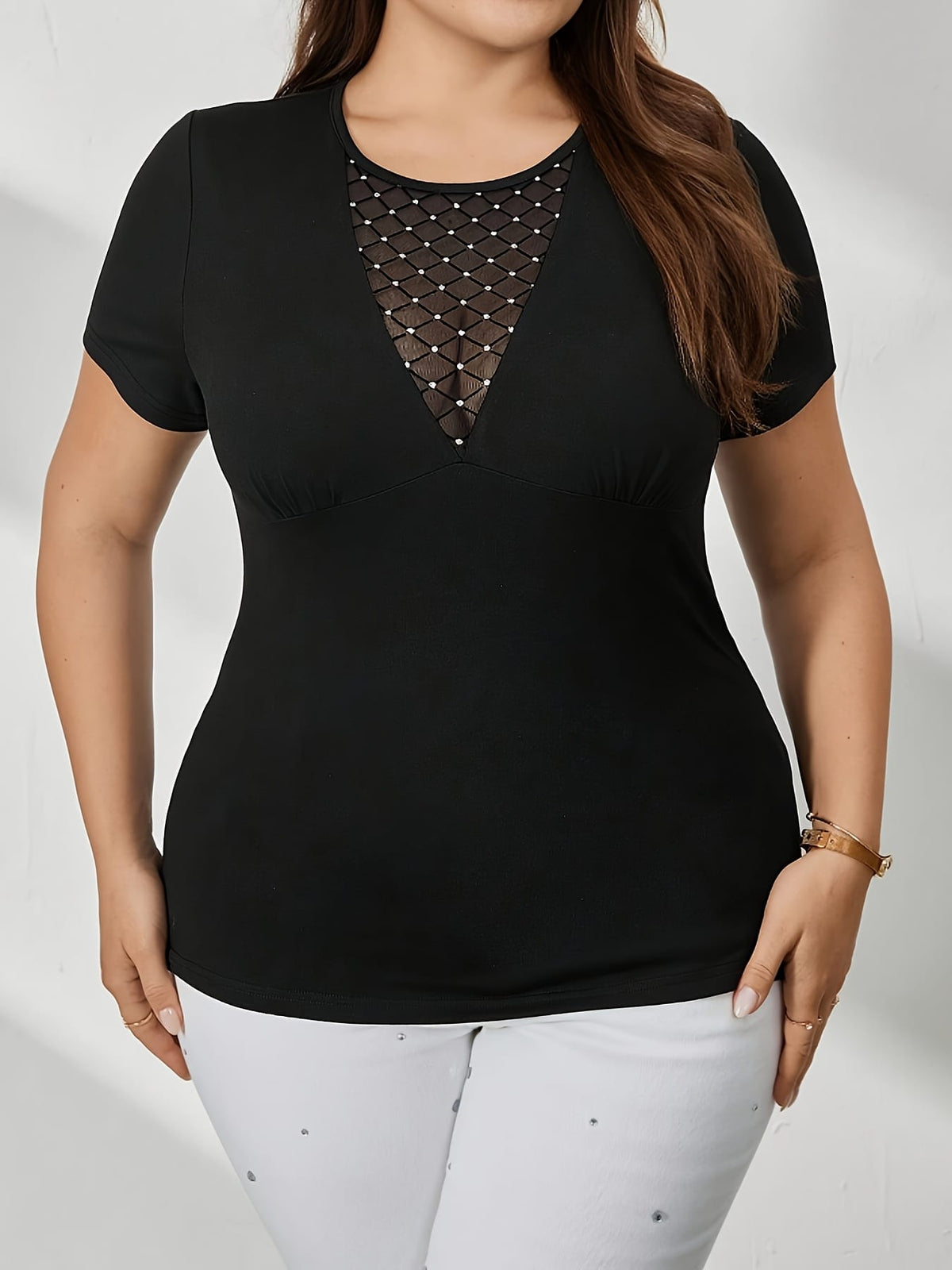 jkthpu-45 Women's Elegant Semi-Sheer Mesh Panel T-Shirt with Sequin Accents - Stretchy Round Neck Summer Top, Machine Washable & Dry Cleanable, Black & White Color Block Design, Casual Wear, Daytime Fashion, Versatile Clothing, Stretchy Fabric, Everyday Top, Lightw
