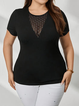 jkthpu-45 Women's Elegant Semi-Sheer Mesh Panel T-Shirt with Sequin Accents - Stretchy Round Neck Summer Top, Machine Washable & Dry Cleanable, Black & White Color Block Design, Casual Wear, Daytime Fashion, Versatile Clothing, Stretchy Fabric, Everyday Top, Lightw
