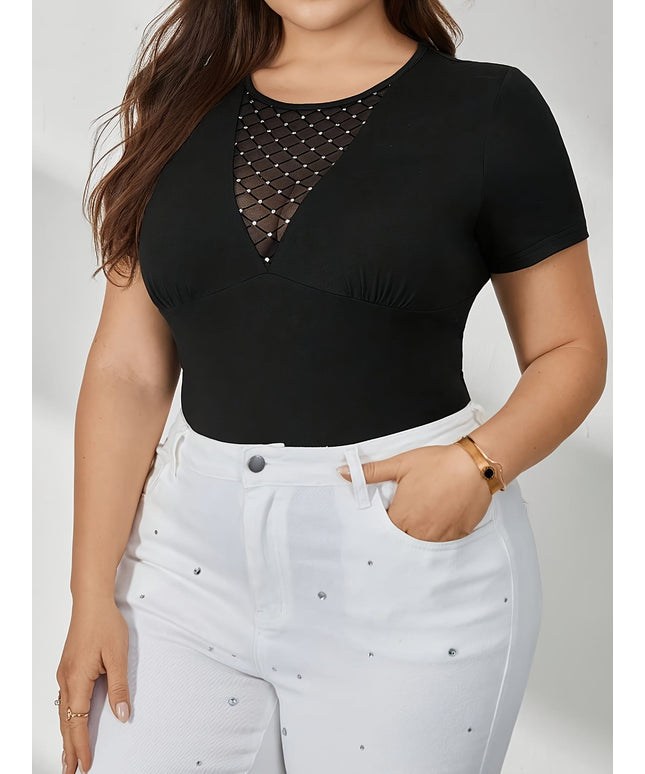 jkthpu-45 Women's Elegant Semi-Sheer Mesh Panel T-Shirt with Sequin Accents - Stretchy Round Neck Summer Top, Machine Washable & Dry Cleanable, Black & White Color Block Design, Casual Wear, Daytime Fashion, Versatile Clothing, Stretchy Fabric, Everyday Top, Lightw