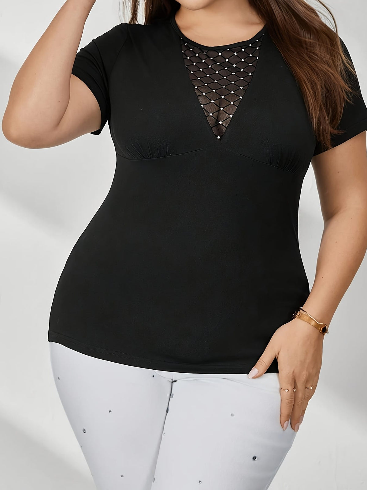 jkthpu-45 Women's Elegant Semi-Sheer Mesh Panel T-Shirt with Sequin Accents - Stretchy Round Neck Summer Top, Machine Washable & Dry Cleanable, Black & White Color Block Design, Casual Wear, Daytime Fashion, Versatile Clothing, Stretchy Fabric, Everyday Top, Lightw