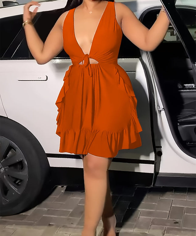 jkthpu-45 Women's Elegant Sexy V-Neck Sleeveless Ruched Waist Tie-Front Dress with Ruffled Hem - Solid Color Bodycon Machine-Washable Resort Wear for All Seasons, Tight Fitted Dress, Stylish Outings, Easycare Fabric