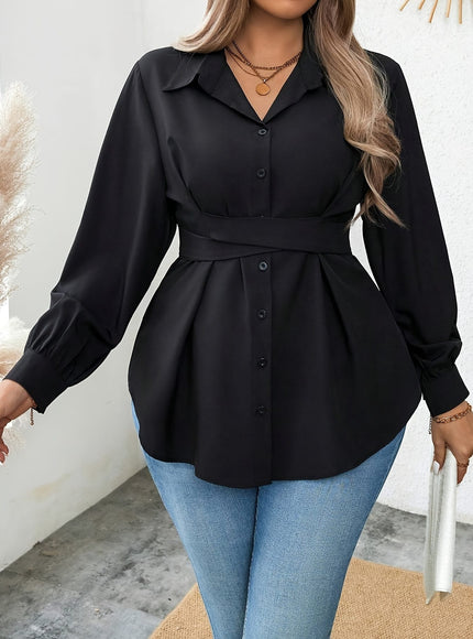 KissICON Women'S Elegant Solid Color Shirt with Belt, Polyester 100% Long Sleeve Raglan Sleeve, All-Season H-Fit with Lapel Collar, Button Placket, Regular Length - Woven Fabric 113 gsm