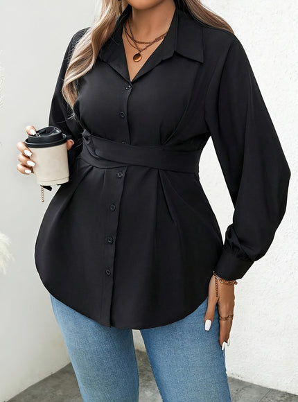 KissICON Women'S Elegant Solid Color Shirt with Belt, Polyester 100% Long Sleeve Raglan Sleeve, All-Season H-Fit with Lapel Collar, Button Placket, Regular Length - Woven Fabric 113 gsm