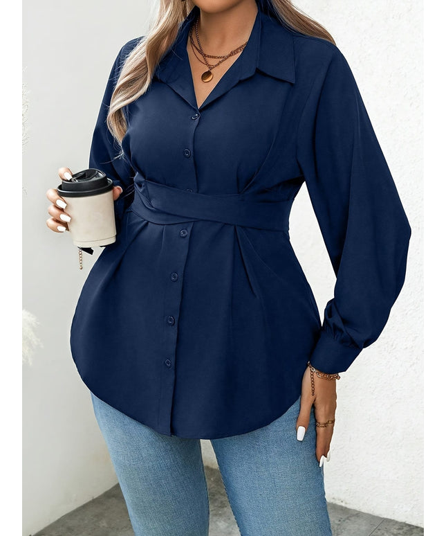 KissICON Women'S Elegant Solid Color Shirt with Belt, Polyester 100% Long Sleeve Raglan Sleeve, All-Season H-Fit with Lapel Collar, Button Placket, Regular Length - Woven Fabric 113 gsm