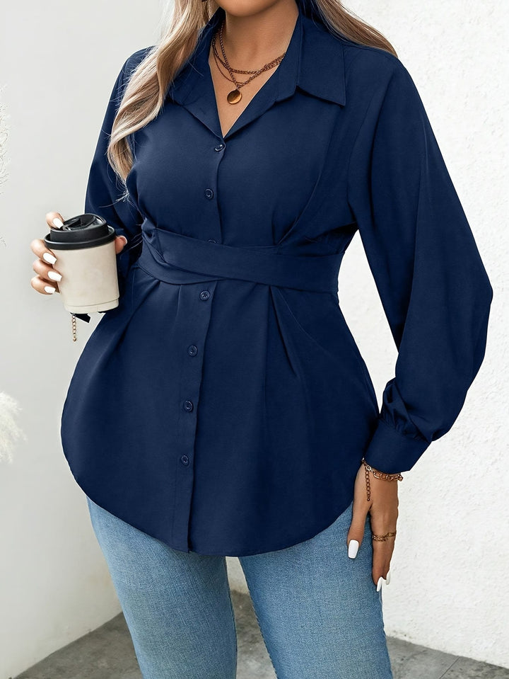 Women'S Elegant Solid Color Shirt with Belt, Polyester 100% Long Sleeve Raglan Sleeve, All-Season H-Fit with Lapel Collar, Button Placket, Regular Length - Woven Fabric 113 gsm