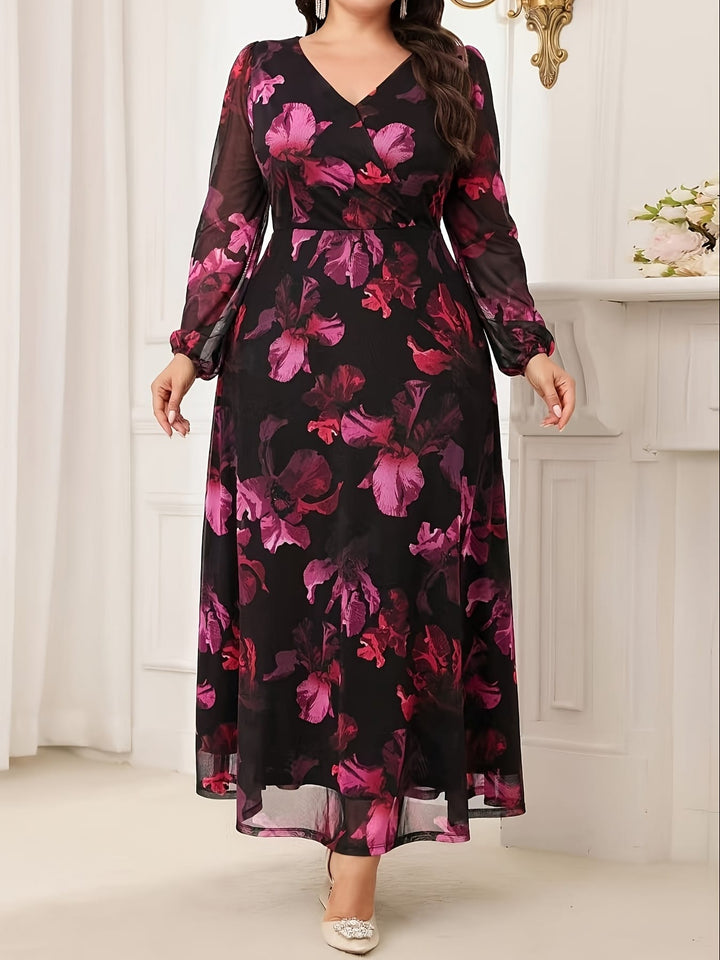 Women's Elegant V-Neck Long Sleeve Dress with Lace Overlay & Random Floral Print - Fitted Stretchy Polyester for Work, Parties, Vacations - All-Season Versatile Black & Purple, Dress Blouses Elegant, Vacation Outfit, Party Attire, Medium Elasticity Fabric