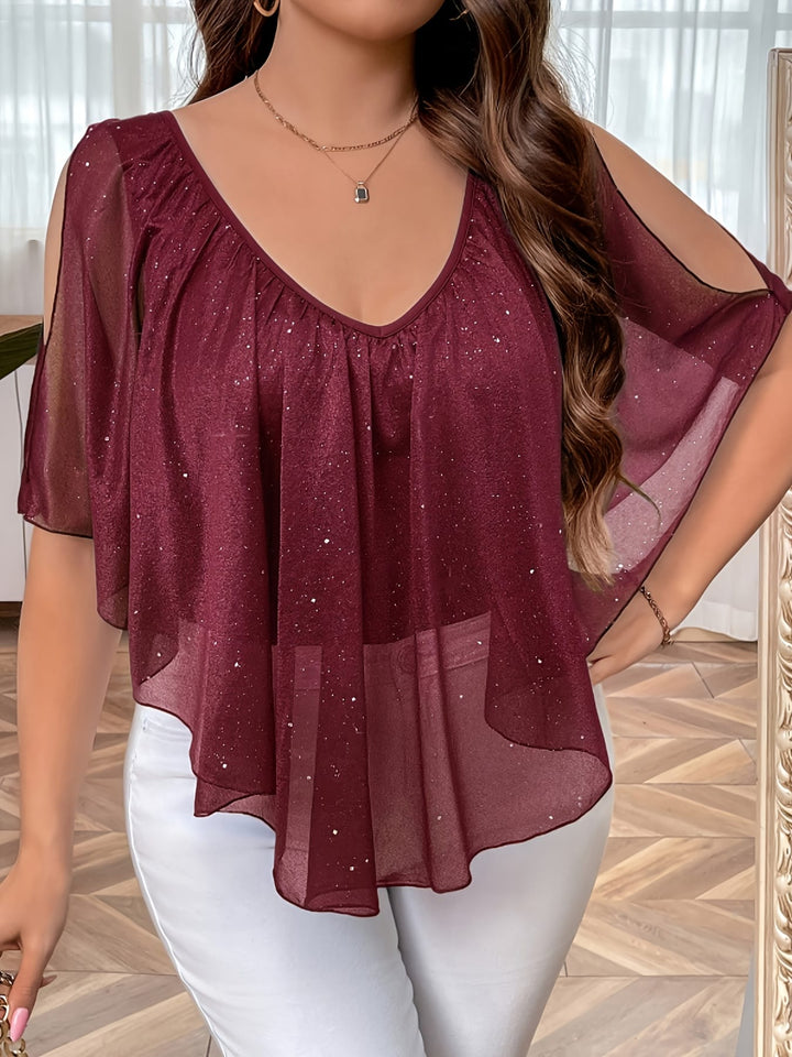 Women's Elegant V-Neck Pleated T-Shirt – Frill Detail Summer Knit