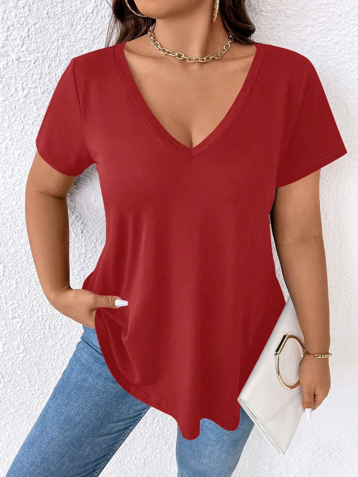 jkthpu-45 Women's Elegant V-Neck Short Sleeve T-Shirt - Soft
