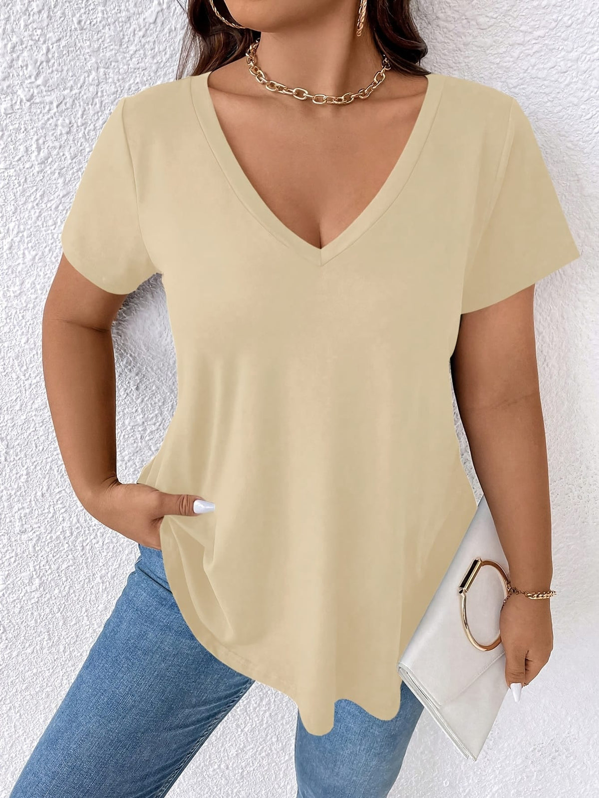 jkthpu-45 Women's Elegant V-Neck Short Sleeve T-Shirt - Soft