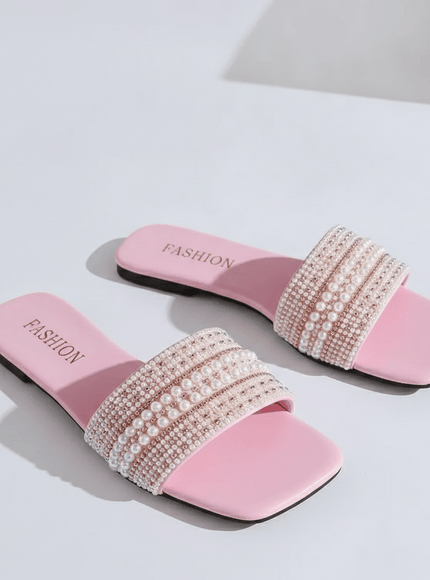 KissICON Women's Flat Bottom Sandals 2025 Summer New Style Beaded Rhinestone Shoes Womens Outdoor Fashion Slippers