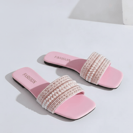 KissICON Women's Flat Bottom Sandals 2025 Summer New Style Beaded Rhinestone Shoes Womens Outdoor Fashion Slippers