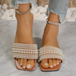 KissICON Women's Flat Bottom Sandals 2025 Summer New Style Beaded Rhinestone Shoes Womens Outdoor Fashion Slippers