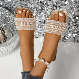 KissICON Women's Flat Bottom Sandals 2025 Summer New Style Beaded Rhinestone Shoes Womens Outdoor Fashion Slippers