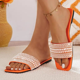 KissICON Women's Flat Bottom Sandals 2025 Summer New Style Beaded Rhinestone Shoes Womens Outdoor Fashion Slippers