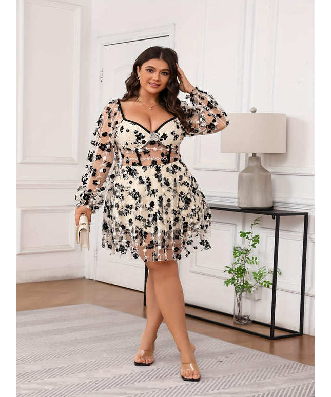 jkthpu-45 Women'S Floral Embroidery Mesh Dress - Sexy, Sheer, Stretchy Fabric with Black Floral Pattern, Sleeveless, Lined, No Padding, Floral Embroidery Dress | Floral Print Dress | Lined Dress