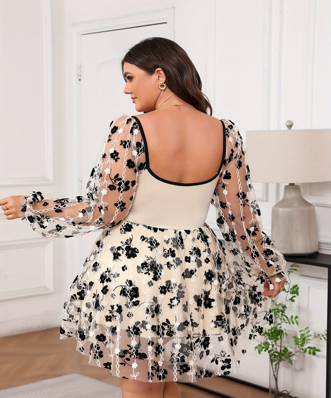 jkthpu-45 Women'S Floral Embroidery Mesh Dress - Sexy, Sheer, Stretchy Fabric with Black Floral Pattern, Sleeveless, Lined, No Padding, Floral Embroidery Dress | Floral Print Dress | Lined Dress
