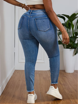 jkthpu-45 Women's High-Stretch Skinny Jeans with Distressed Knee Slit