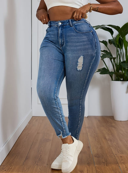 jkthpu-45 Women's High-Stretch Skinny Jeans with Distressed Knee Slit