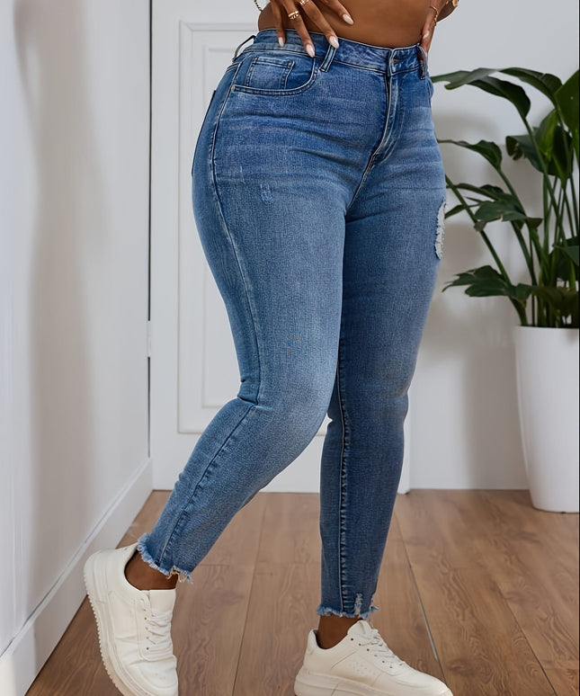 jkthpu-45 Women's High-Stretch Skinny Jeans with Distressed Knee Slit