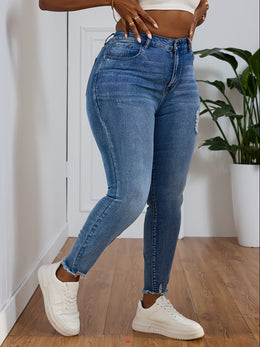 jkthpu-45 Women's High-Stretch Skinny Jeans with Distressed Knee Slit